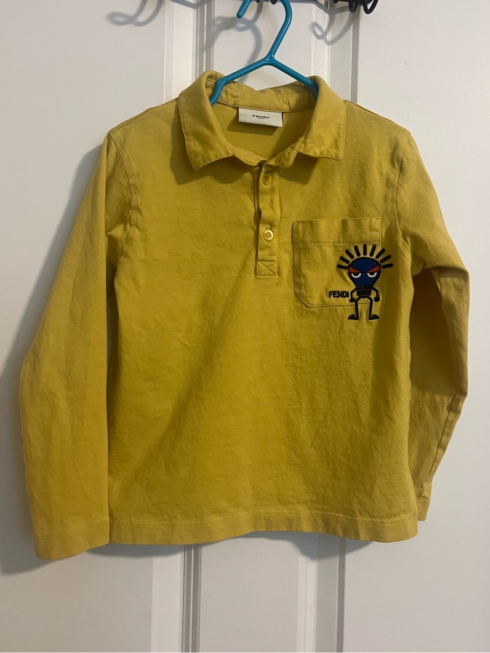 Fendi Kids Long-Sleeve Polo in Bright Yellow with Embroidered Character